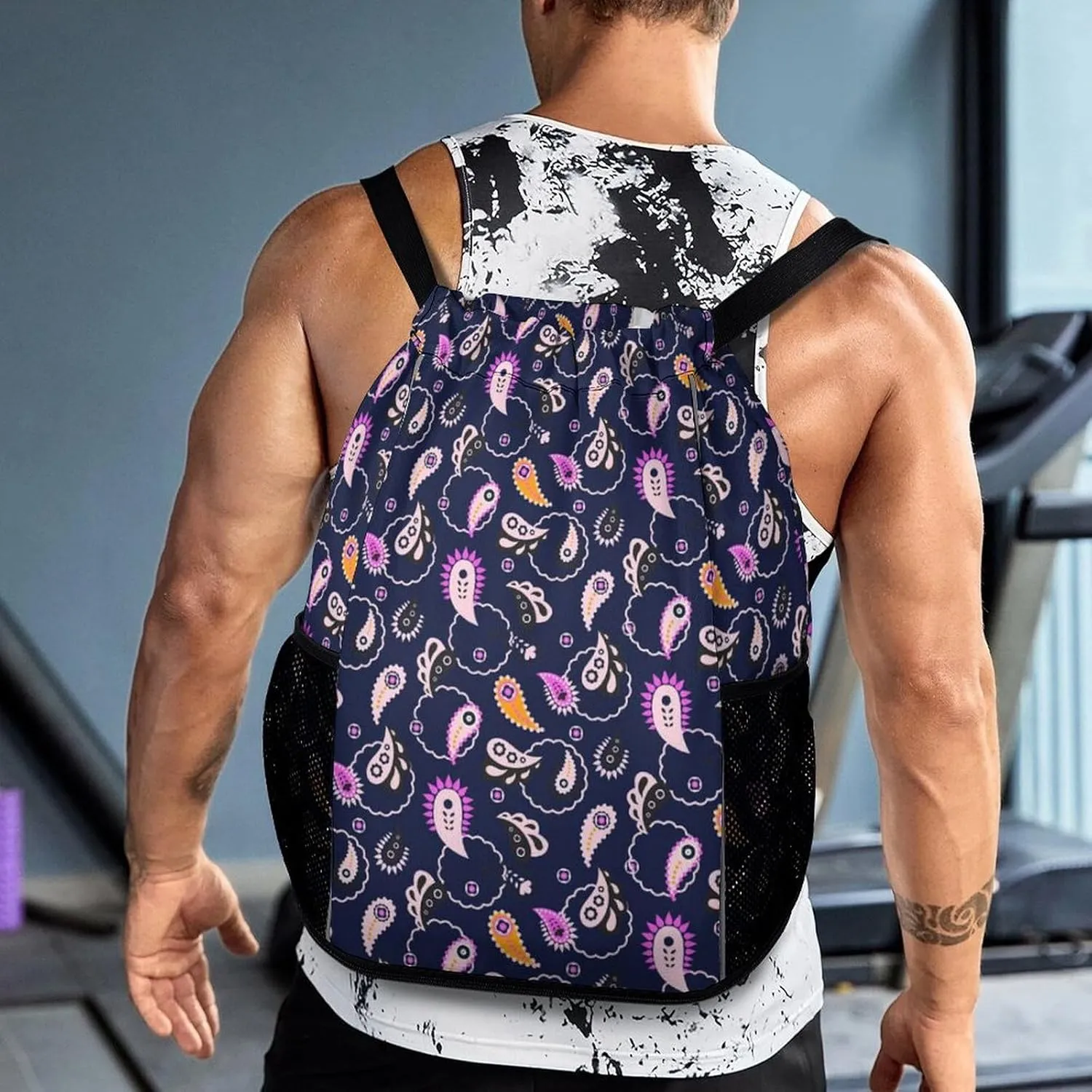 Funny Drawstring Backpack Lightweight Cinch Bag Compatible with Paisley Flowers Floral Purple Gym Sack String Bag with Waterproof Compartment for Men Women Outdoor Sport Cycling Hiking