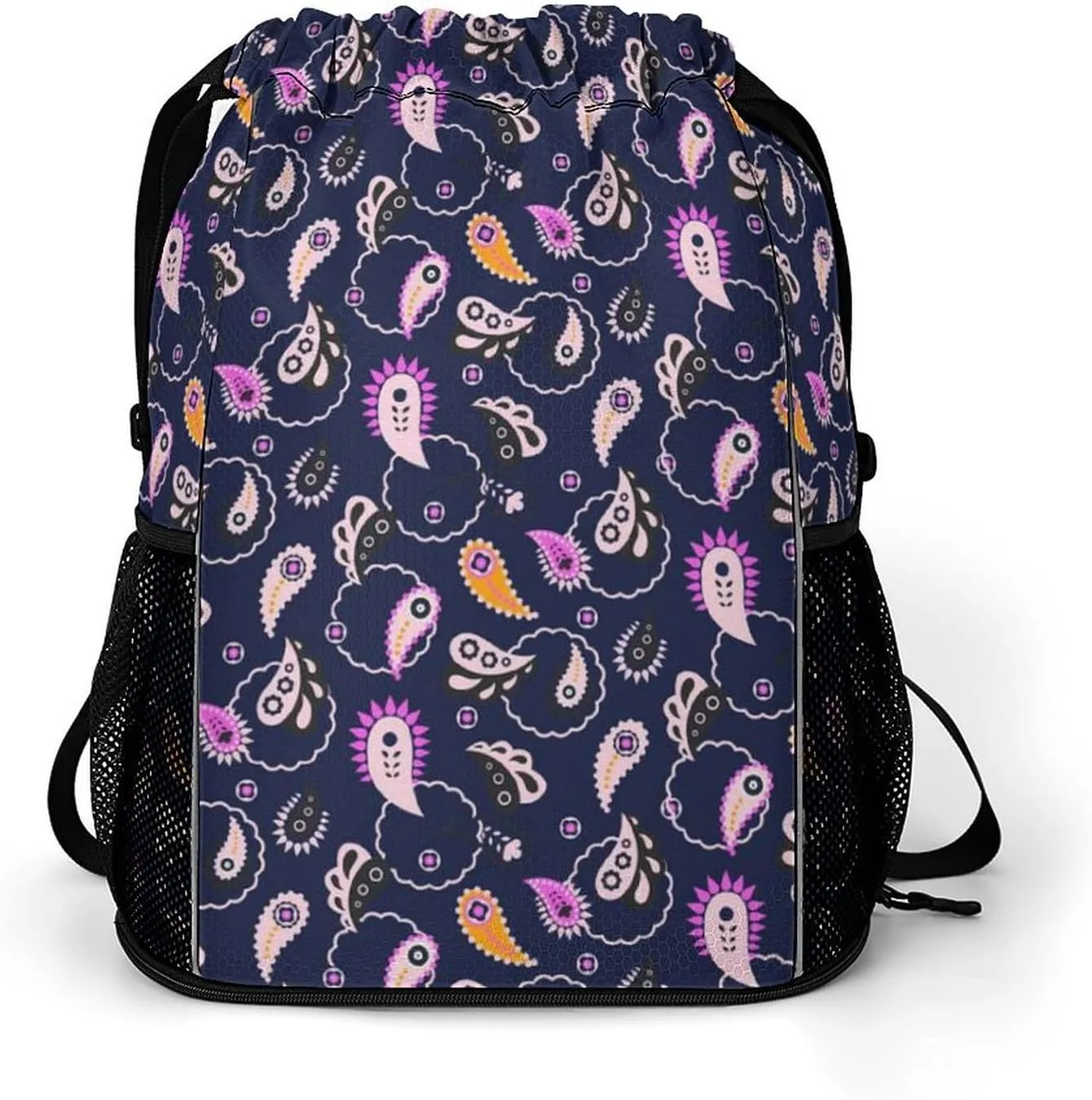 Funny Drawstring Backpack Lightweight Cinch Bag Compatible with Paisley Flowers Floral Purple Gym Sack String Bag with Waterproof Compartment for Men Women Outdoor Sport Cycling Hiking