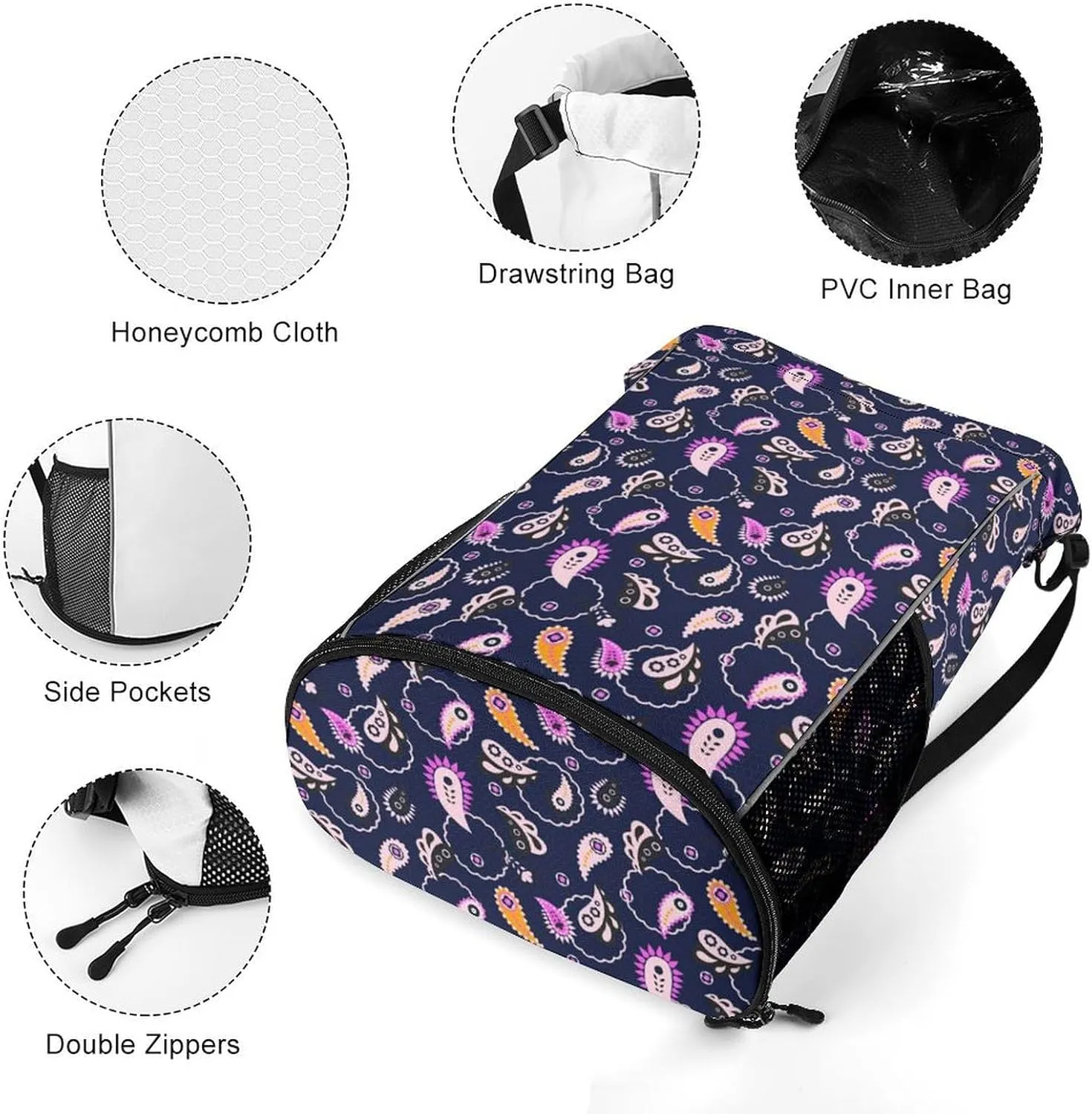 Funny Drawstring Backpack Lightweight Cinch Bag Compatible with Paisley Flowers Floral Purple Gym Sack String Bag with Waterproof Compartment for Men Women Outdoor Sport Cycling Hiking