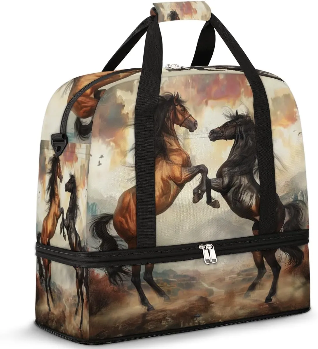 Funny Horse Travel Duffel Bag for Women Men, Horse Animals Sports Gym Bag with Shoes Compartment Foldable Overnight Bag Weekender Tote Workout Carry On Luggage Bag