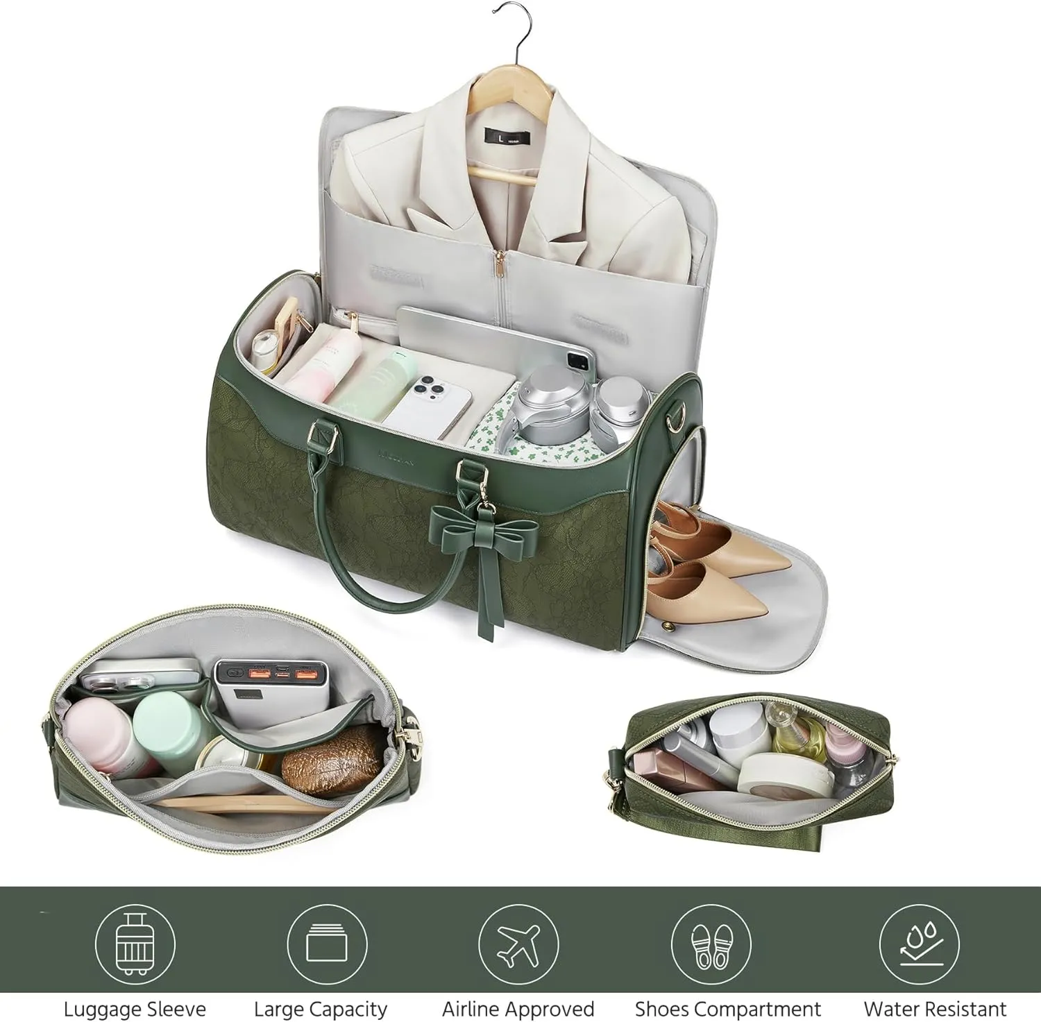 Garment Bags for Travel,Leather Convertible Garment Duffle Bag with Toiletry,Waterproof Carry On Garment Bag with Shoe Compartment,2 in 1 Suit Travel Bag for Women Weekender 3pcs Set