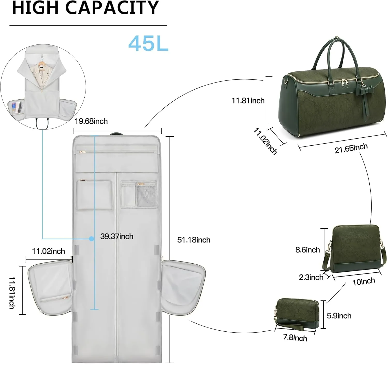 Garment Bags for Travel,Leather Convertible Garment Duffle Bag with Toiletry,Waterproof Carry On Garment Bag with Shoe Compartment,2 in 1 Suit Travel Bag for Women Weekender 3pcs Set
