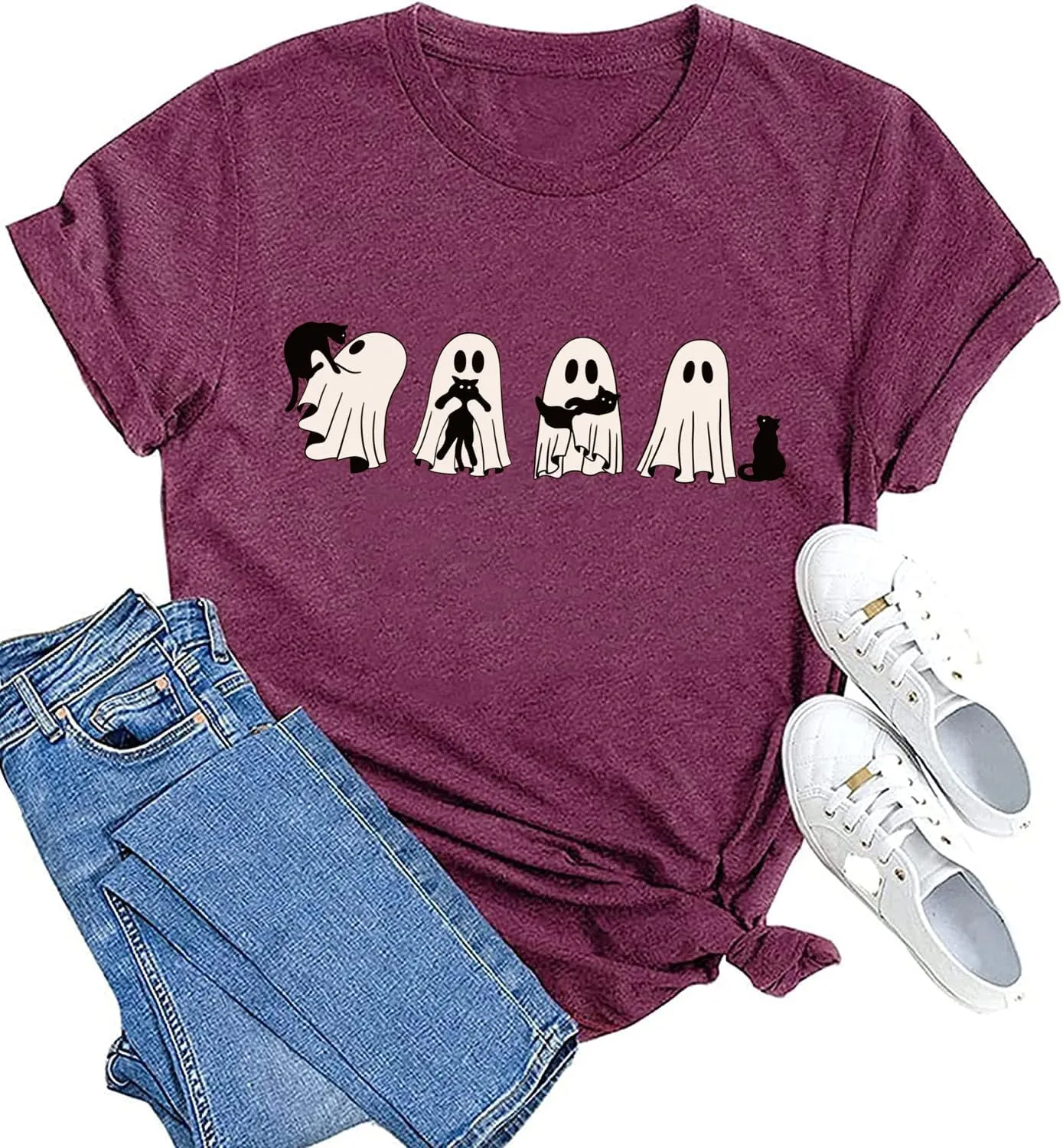 Ghost Halloween T-Shirt for Women Cute Ghost Cat Graphic Tee Spooky Season Shirt Vintage Short Sleeve Casual Fall Tops