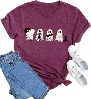 Ghost Halloween T-Shirt for Women Cute Ghost Cat Graphic Tee Spooky Season Shirt Vintage Short Sleeve Casual Fall Tops