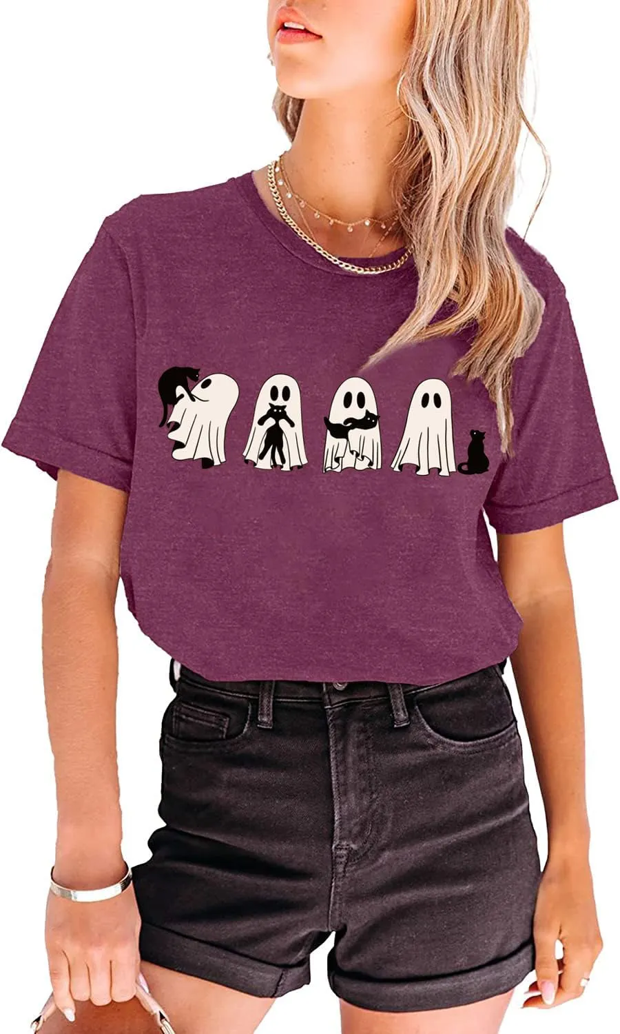 Ghost Halloween T-Shirt for Women Cute Ghost Cat Graphic Tee Spooky Season Shirt Vintage Short Sleeve Casual Fall Tops