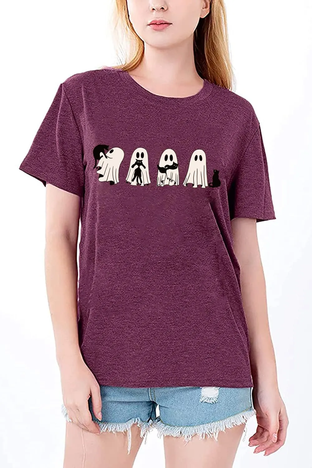 Ghost Halloween T-Shirt for Women Cute Ghost Cat Graphic Tee Spooky Season Shirt Vintage Short Sleeve Casual Fall Tops