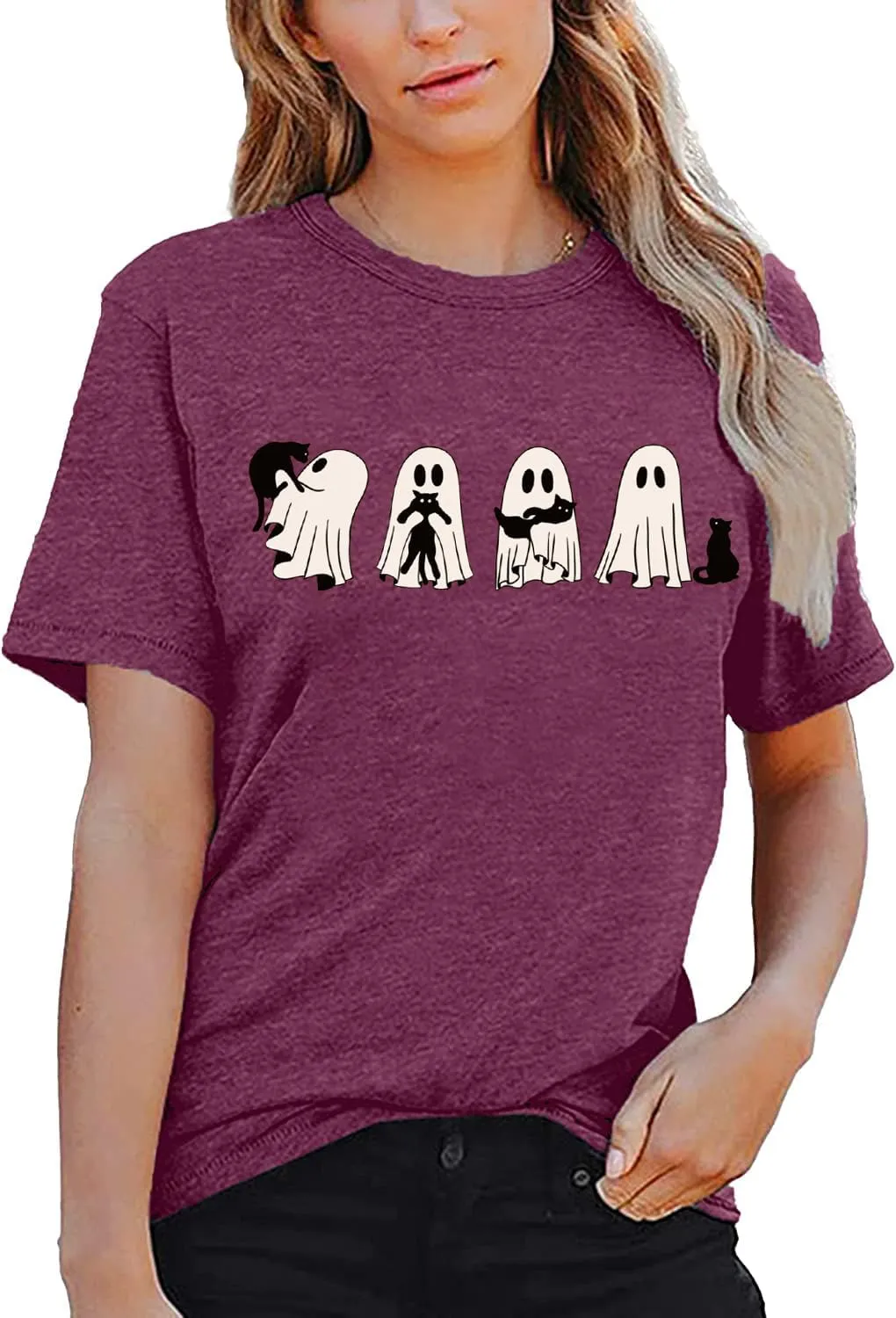 Ghost Halloween T-Shirt for Women Cute Ghost Cat Graphic Tee Spooky Season Shirt Vintage Short Sleeve Casual Fall Tops
