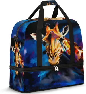 Giraffe Painting Travel Duffel Bag for Women Men, Abstract Giraffe Sports Gym Bag with Shoes Compartment Foldable Overnight Bag Weekender Tote Workout Carry On Luggage Bag