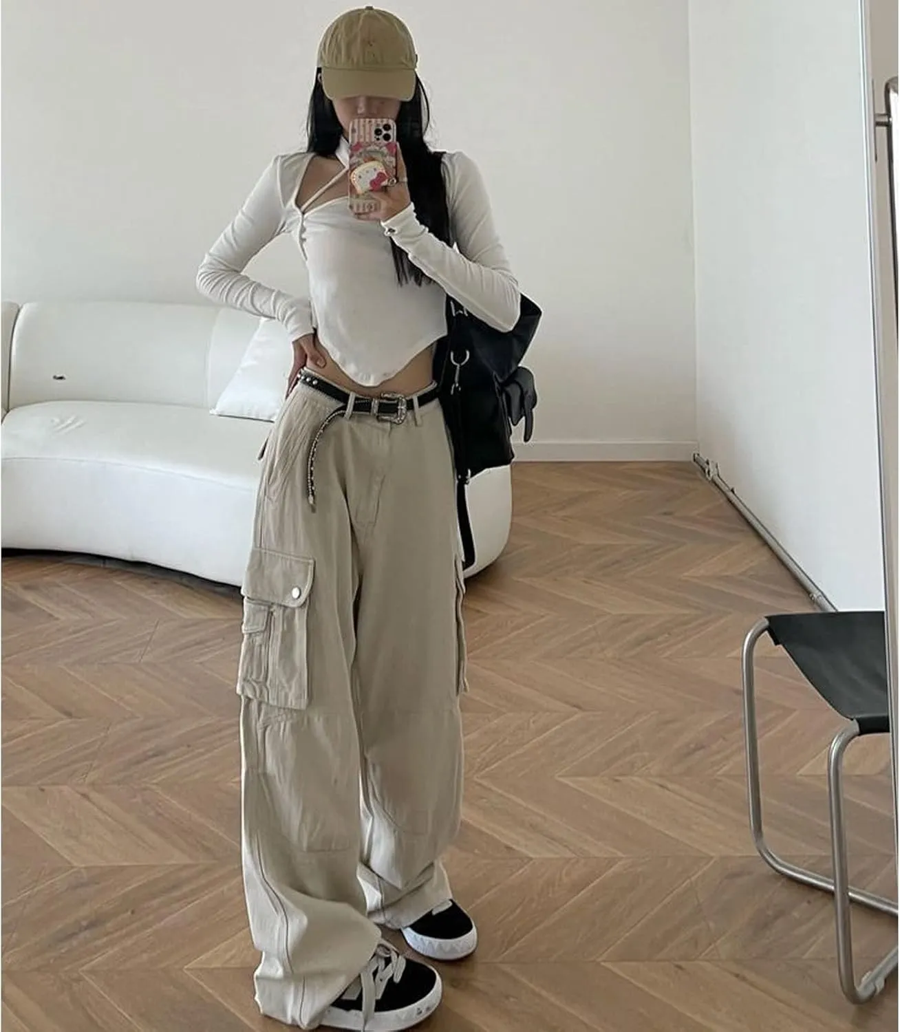 Gothic Cargo Pants Women's Pocket Pleated Cargo Pants Women's Loose Wide Leg Trousers Casual Straight Trousers