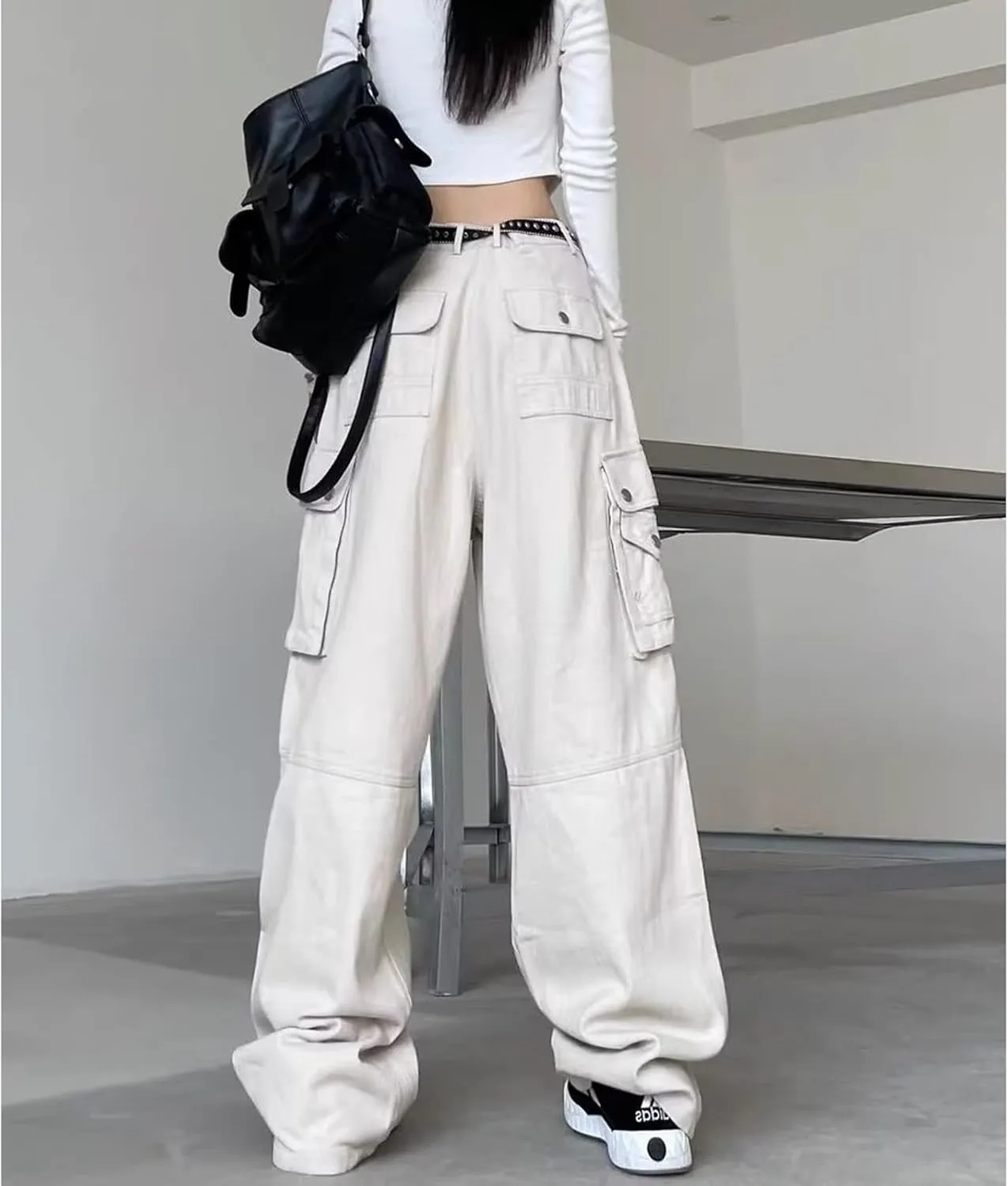 Gothic Cargo Pants Women's Pocket Pleated Cargo Pants Women's Loose Wide Leg Trousers Casual Straight Trousers