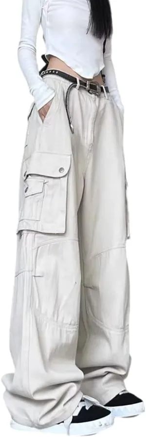 Gothic Cargo Pants Women's Pocket Pleated Cargo Pants Women's Loose Wide Leg Trousers Casual Straight Trousers
