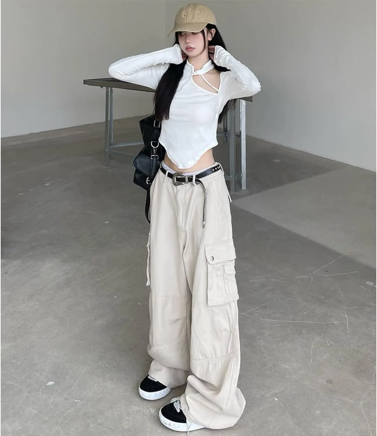 Gothic Cargo Pants Women's Pocket Pleated Cargo Pants Women's Loose Wide Leg Trousers Casual Straight Trousers
