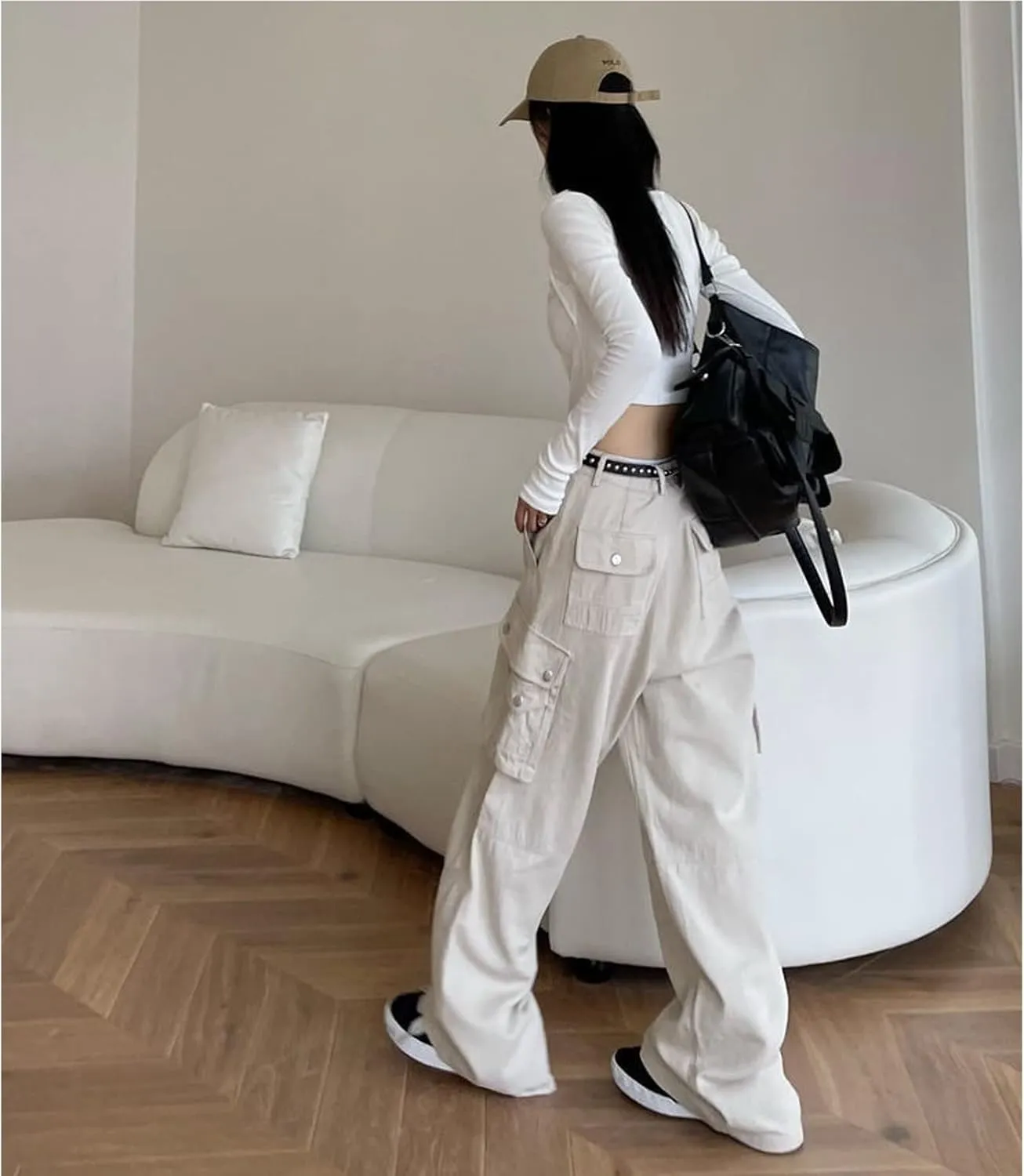 Gothic Cargo Pants Women's Pocket Pleated Cargo Pants Women's Loose Wide Leg Trousers Casual Straight Trousers