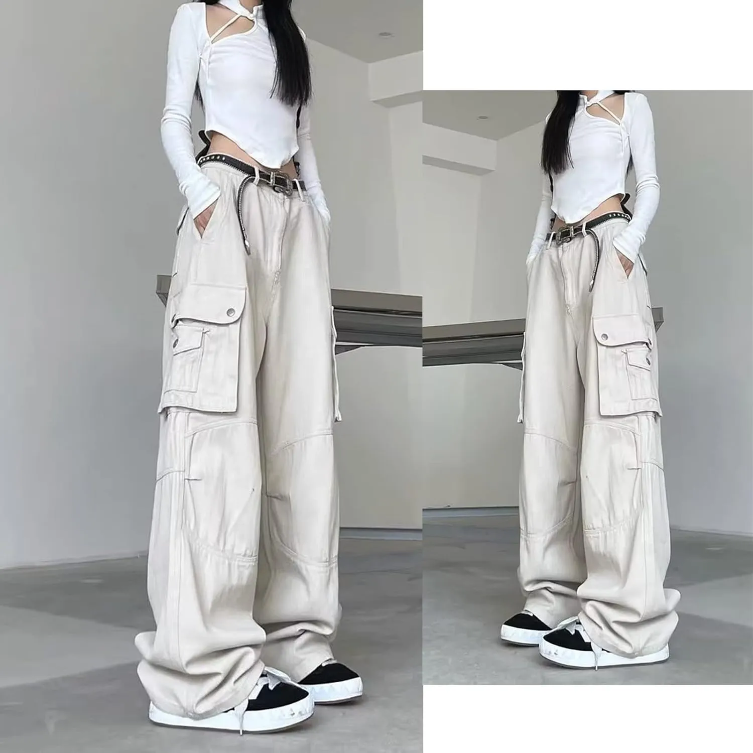 Gothic Cargo Pants Women's Pocket Pleated Cargo Pants Women's Loose Wide Leg Trousers Casual Straight Trousers