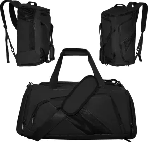 Gym Bag for Men & Women,Carry On with Shoes Compartment and Wet Pocket Convertible Duffle Bag and Gym Backpack,Multipurpose Weekender Overnight Waterproof Sports Bags (Black)