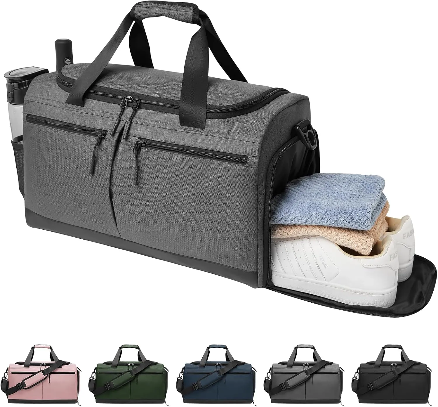 Gym Bag for Men Women, Sport Duffel Bag with Wet Pocket & Shoes Compartment, Lightweight Gym Totes Travel Duffle Bag, Water Resistant Carry On Weekender Overnight Bag for Travel, Yoga, Workout, Grey,
