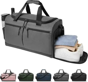 Gym Bag for Men Women, Sport Duffel Bag with Wet Pocket & Shoes Compartment, Lightweight Gym Totes Travel Duffle Bag, Water Resistant Carry On Weekender Overnight Bag for Travel, Yoga, Workout, Grey,