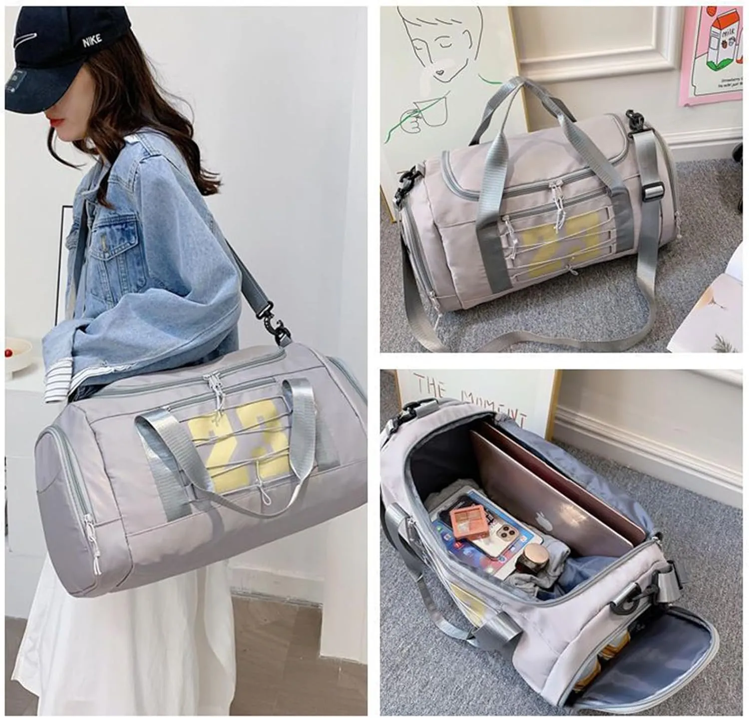 Gym Bag for Women, Personal Item Travel Bag with Shoes Compartment, Weekender Overnight Duffel Bag with Wet Pocket, Carry On Bag for Women, Travel, Gym, Weekend (Grey)