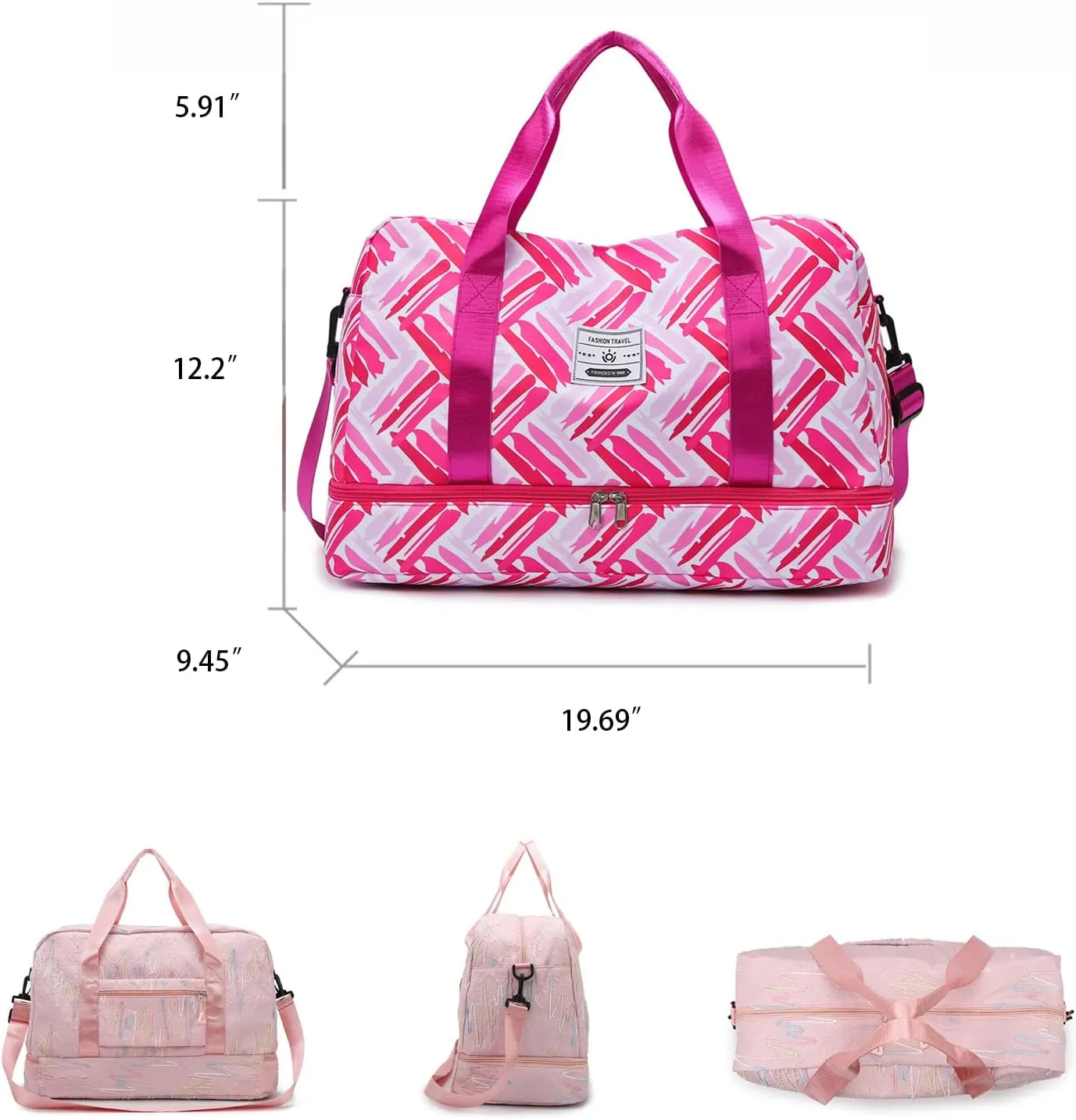 Gym Bag for Women with Double Layer Travel Makeup Bag, Gym Duffel Bag, Weekender Overnight Bag with Wet Pocket and Shoes Compartment for Women (Deep Pink)