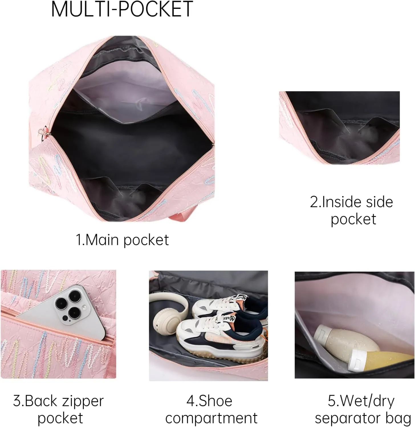 Gym Bag for Women with Double Layer Travel Makeup Bag, Gym Duffel Bag, Weekender Overnight Bag with Wet Pocket and Shoes Compartment for Women (Deep Pink)