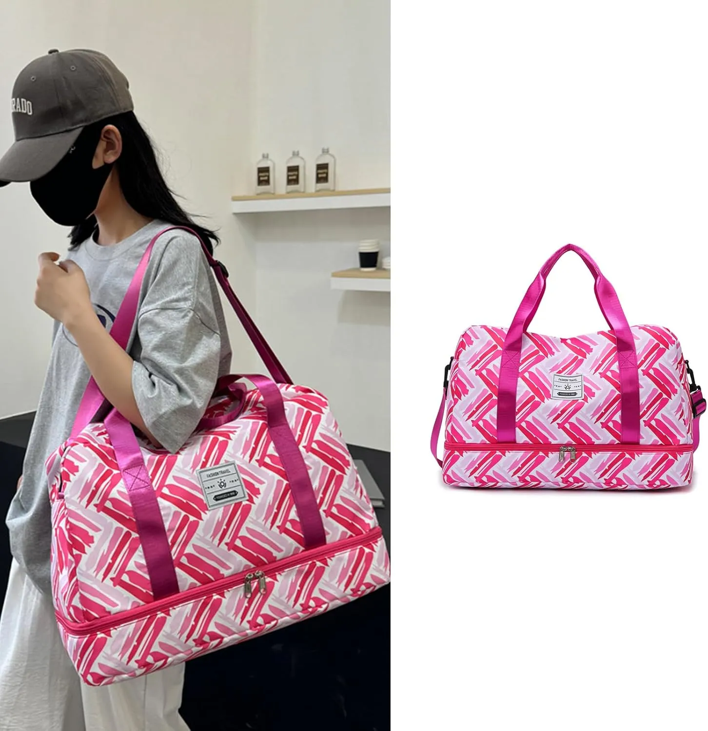 Gym Bag for Women with Double Layer Travel Makeup Bag, Gym Duffel Bag, Weekender Overnight Bag with Wet Pocket and Shoes Compartment for Women (Deep Pink)