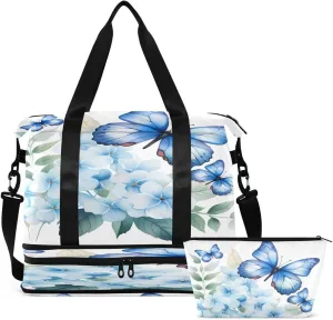 Gym Bag Sports Travel Duffel Bag Weekender Overnight Bag with Wet Pocket Shoes Compartment and Toiletry Bag Blue Butterfly and Floral for Travel, Business,Gym, Yoga
