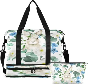 Gym Bag Sports Travel Duffel Bag Weekender Overnight Bag with Wet Pocket Shoes Compartment and Toiletry Bag Blue Flower Grey Rabbit for Travel, Business,Gym, Yoga