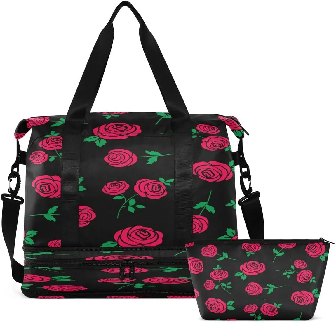 Gym Bag Sports Travel Duffel Bag Weekender Overnight Bag with Wet Pocket Shoes Compartment and Toiletry Bag Green Leaves Red Rose for Travel, Business,Gym, Yoga