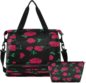 Gym Bag Sports Travel Duffel Bag Weekender Overnight Bag with Wet Pocket Shoes Compartment and Toiletry Bag Green Leaves Red Rose for Travel, Business,Gym, Yoga