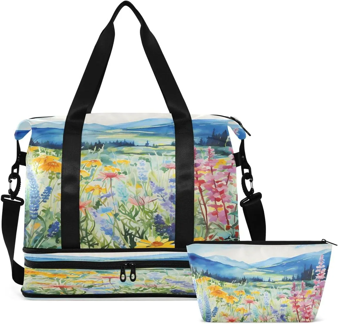 Gym Bag Sports Travel Duffel Bag Weekender Overnight Bag with Wet Pocket Shoes Compartment and Toiletry Bag Painting Mountain and Flower for Travel, Business,Gym, Yoga