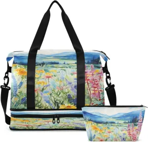 Gym Bag Sports Travel Duffel Bag Weekender Overnight Bag with Wet Pocket Shoes Compartment and Toiletry Bag Painting Mountain and Flower for Travel, Business,Gym, Yoga