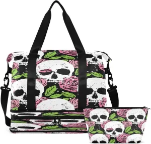 Gym Bag Sports Travel Duffel Bag Weekender Overnight Bag with Wet Pocket Shoes Compartment and Toiletry Bag Pink Rose White Skull for Travel, Business,Gym, Yoga