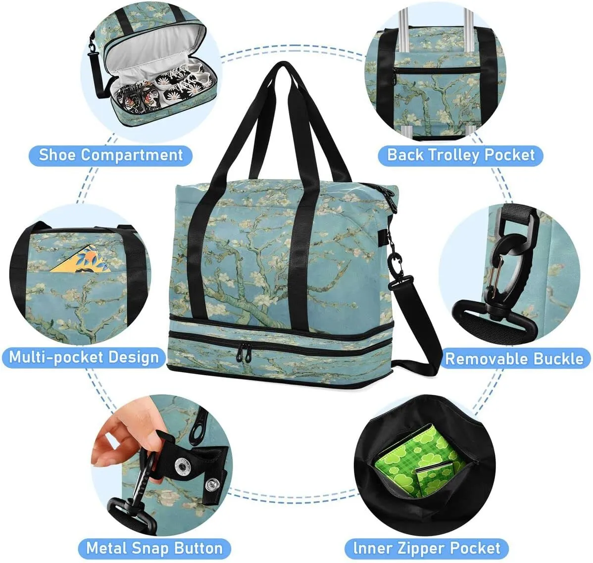 Gym Bag Sports Travel Duffel Bag Weekender Overnight Bag with Wet Pocket Shoes Compartment and Toiletry Bag Van Gogh Almond Blossom for Travel, Business,Gym, Yoga