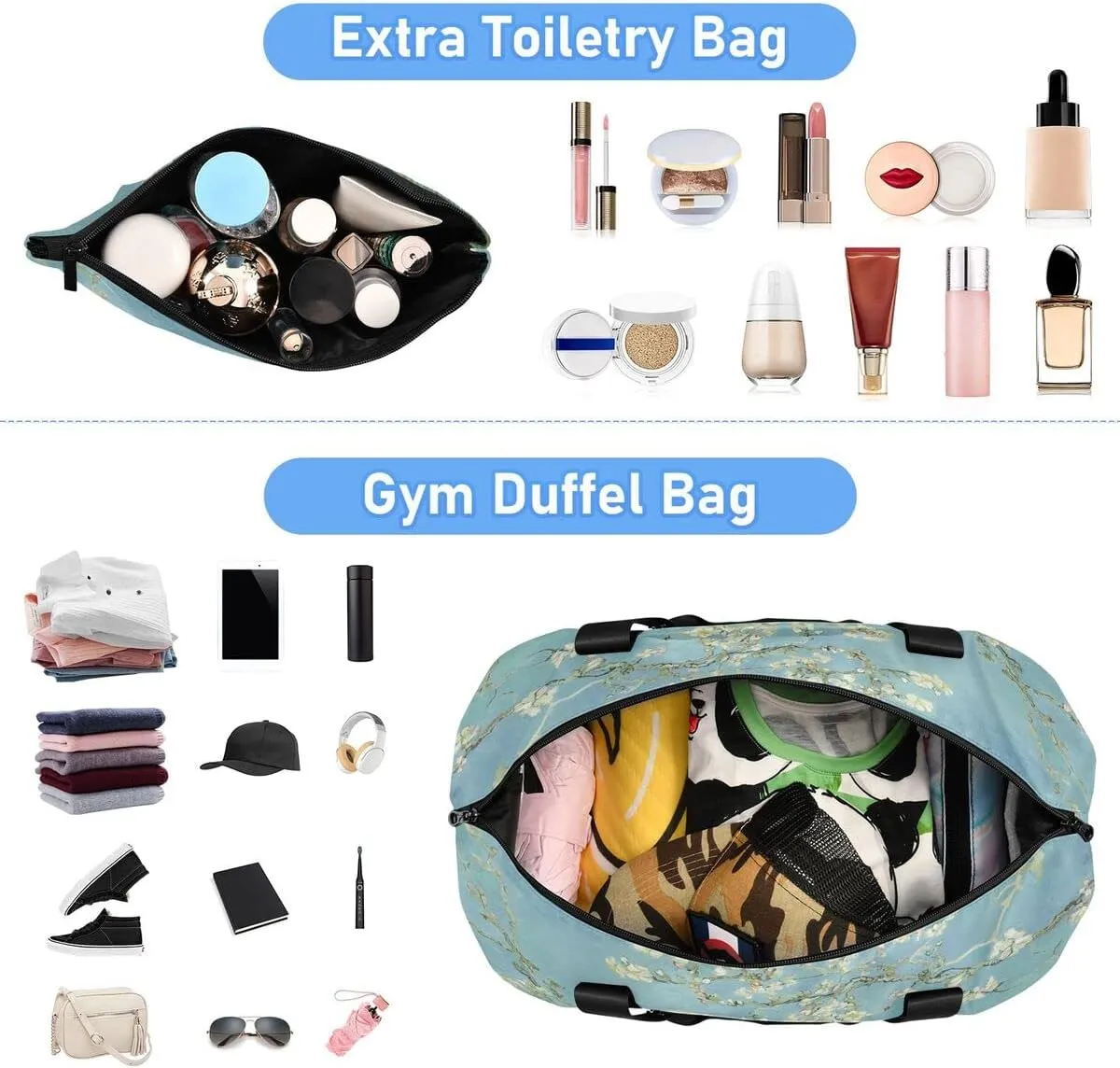 Gym Bag Sports Travel Duffel Bag Weekender Overnight Bag with Wet Pocket Shoes Compartment and Toiletry Bag Van Gogh Almond Blossom for Travel, Business,Gym, Yoga