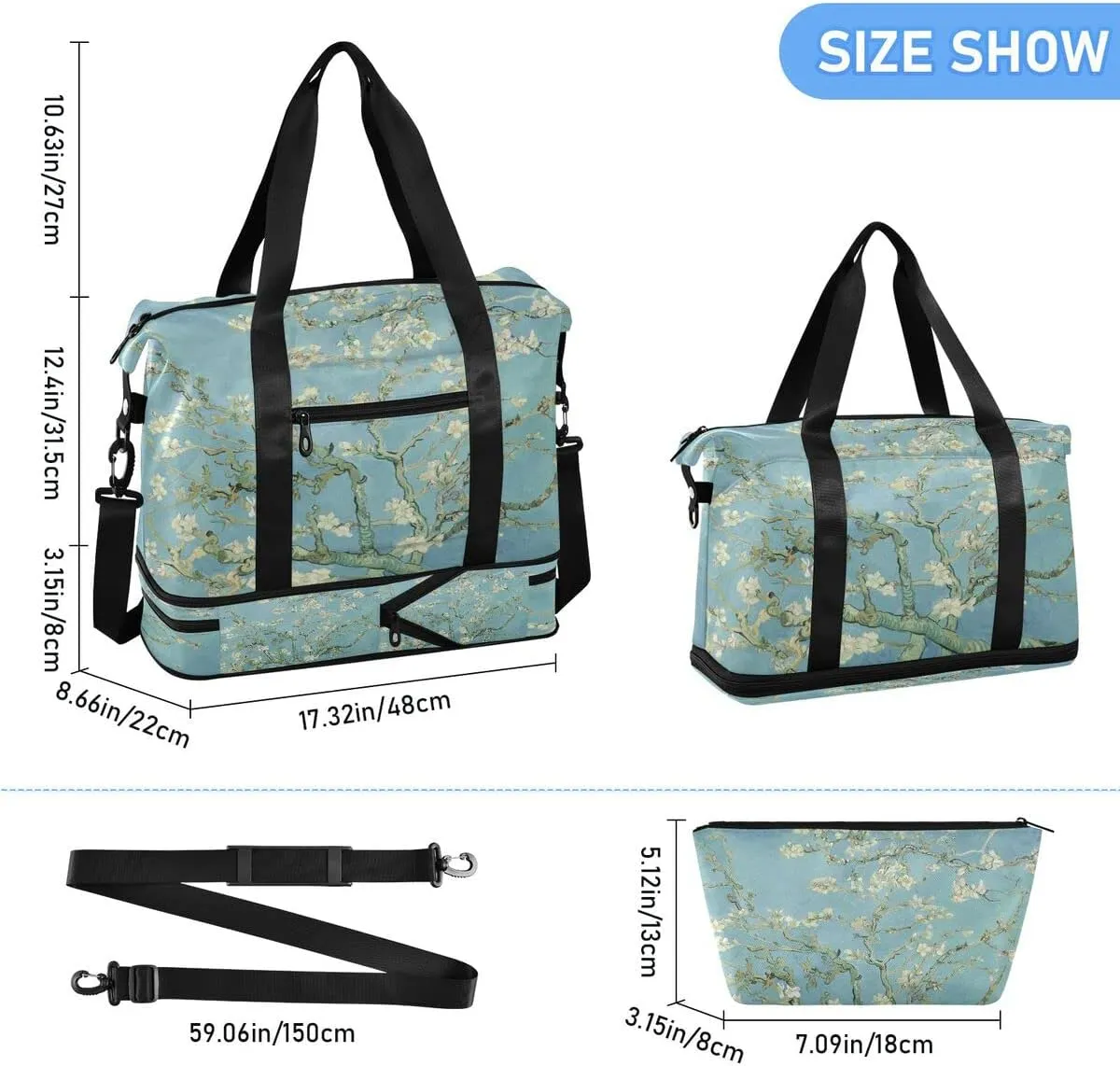 Gym Bag Sports Travel Duffel Bag Weekender Overnight Bag with Wet Pocket Shoes Compartment and Toiletry Bag Van Gogh Almond Blossom for Travel, Business,Gym, Yoga