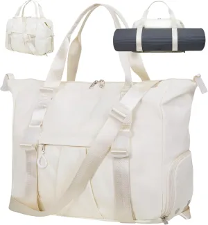 Gym Bag with Yoga Mat Holders, Carry On for Pilates Women & Men with Laptop & Shoe Compartment Large Duffle Travel Weekender Tote with Key Ring Clip Personal Item Workout, Easy to Clean - Beige