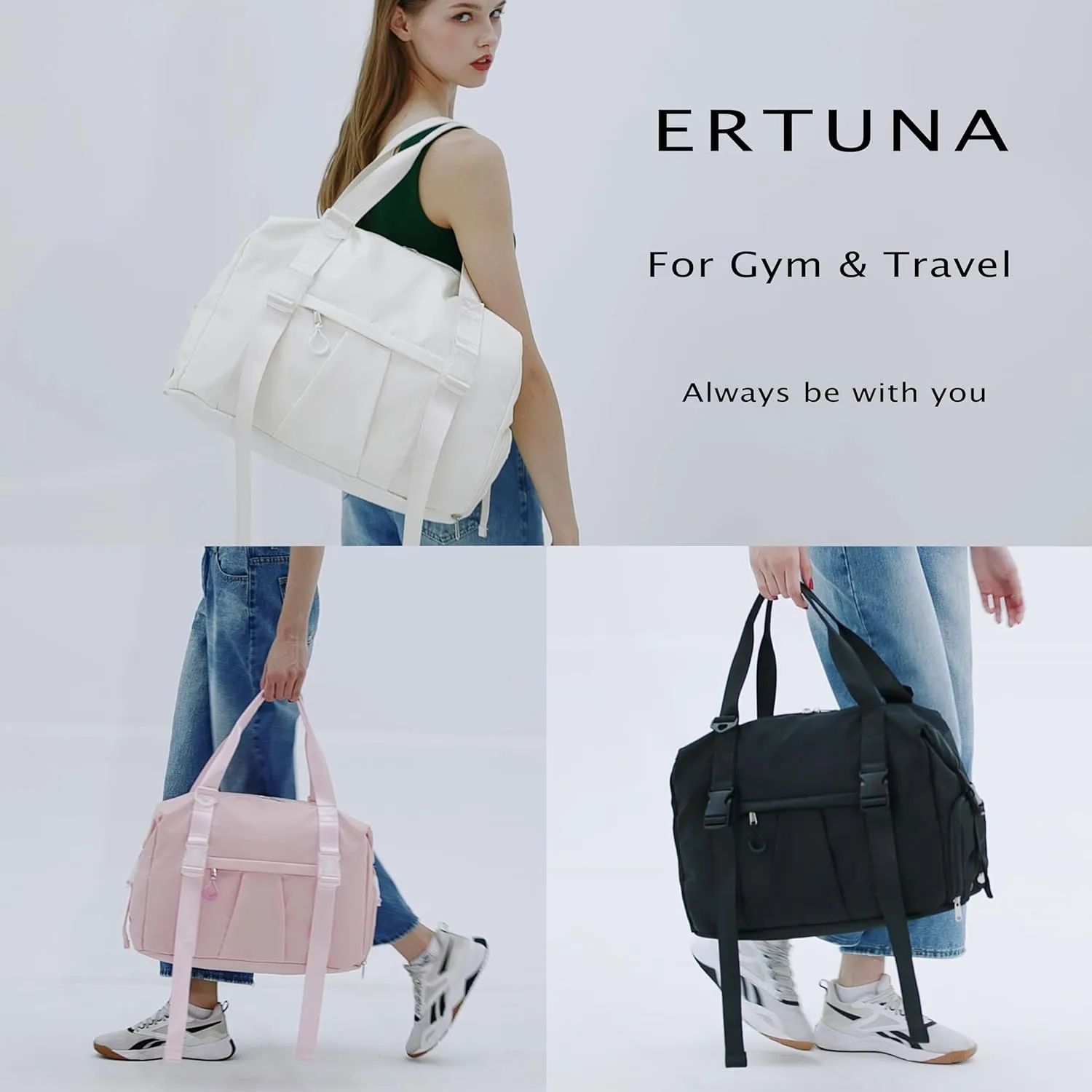 Gym Bag with Yoga Mat Holders, Carry On for Pilates Women & Men with Laptop & Shoe Compartment Large Duffle Travel Weekender Tote with Key Ring Clip Personal Item Workout, Easy to Clean - Pink