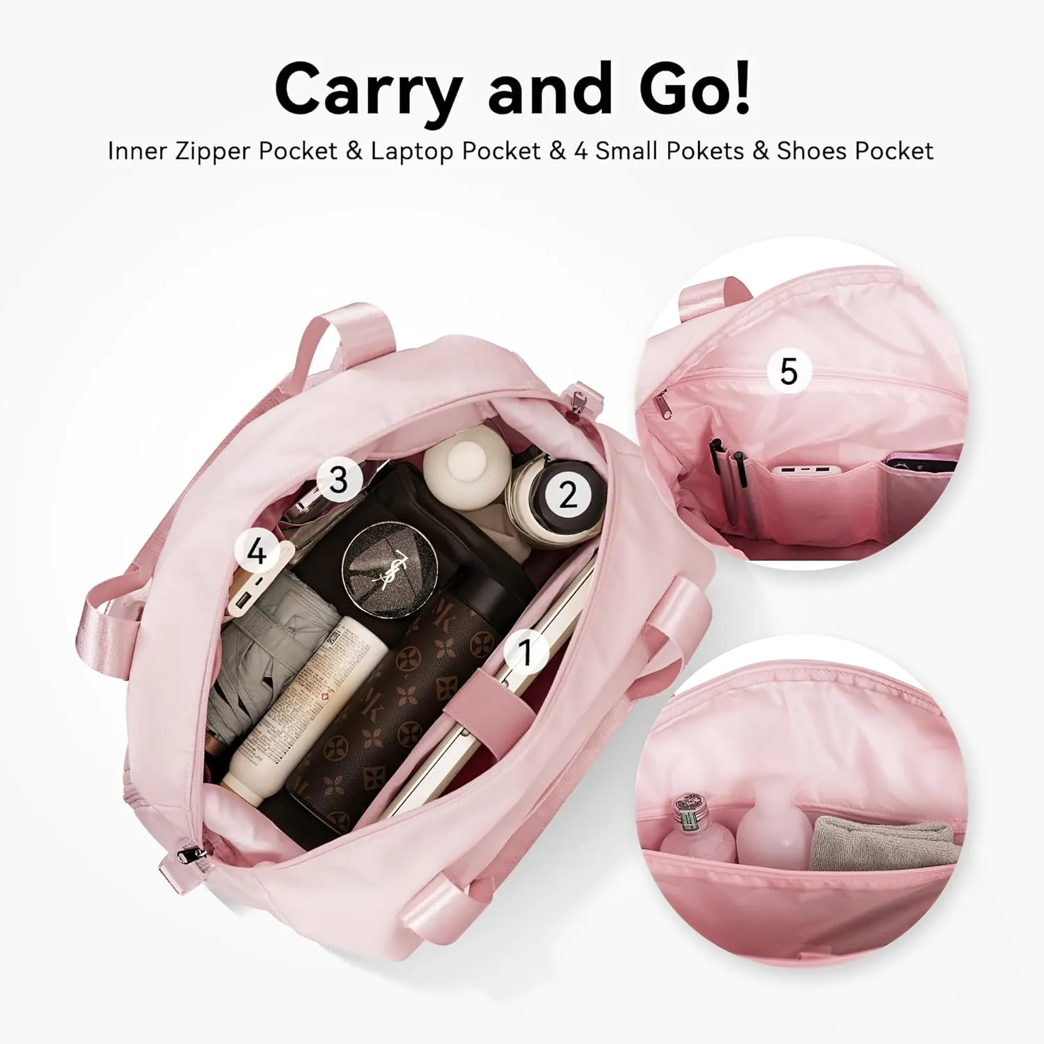 Gym Bag with Yoga Mat Holders, Carry On for Pilates Women & Men with Laptop & Shoe Compartment Large Duffle Travel Weekender Tote with Key Ring Clip Personal Item Workout, Easy to Clean - Pink