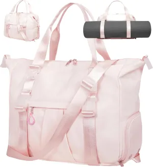 Gym Bag with Yoga Mat Holders, Carry On for Pilates Women & Men with Laptop & Shoe Compartment Large Duffle Travel Weekender Tote with Key Ring Clip Personal Item Workout, Easy to Clean - Pink