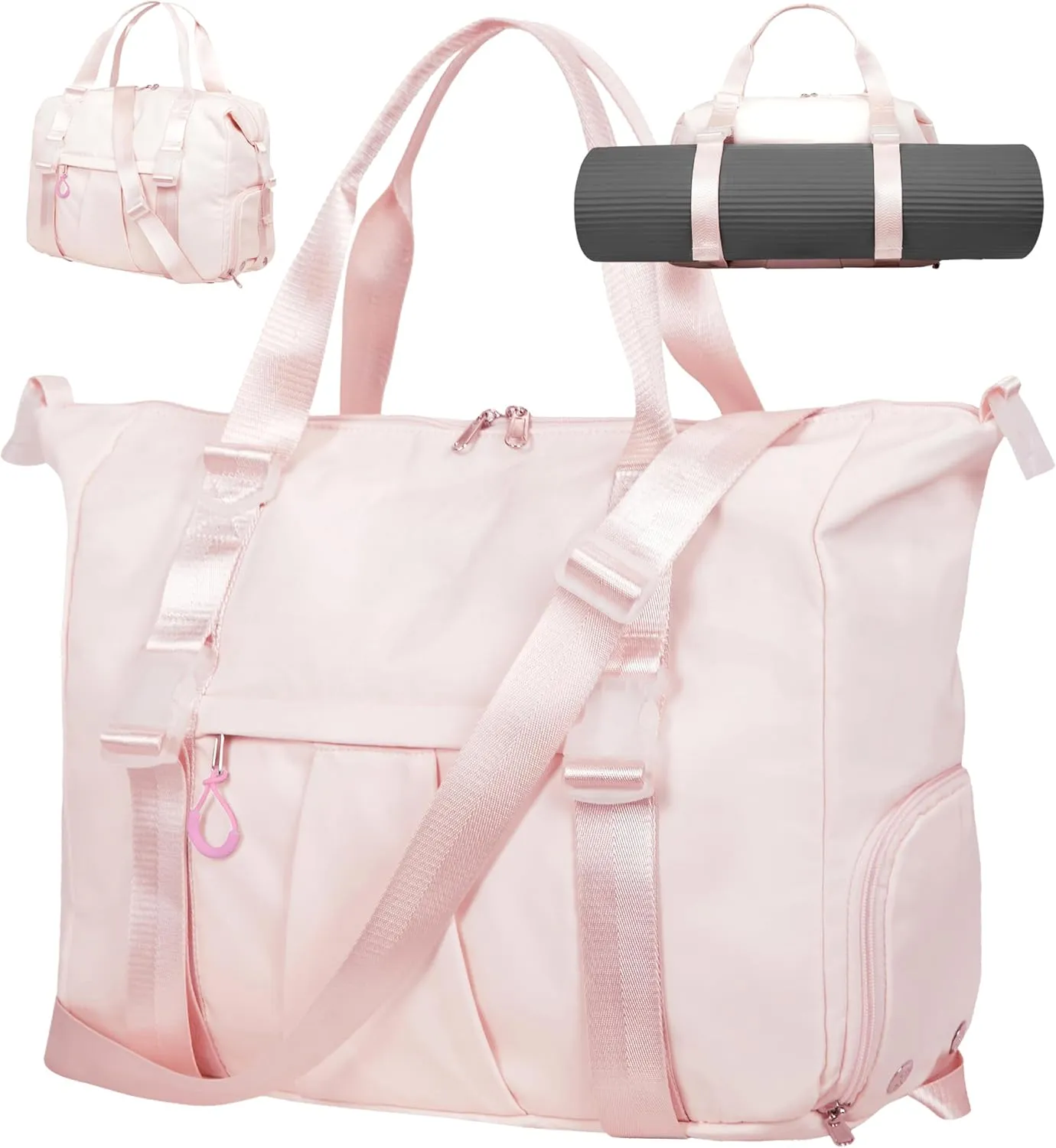 Gym Bag with Yoga Mat Holders, Carry On for Pilates Women & Men with Laptop & Shoe Compartment Large Duffle Travel Weekender Tote with Key Ring Clip Personal Item Workout, Easy to Clean - Pink