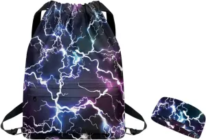 Gym Drawstring Backpack and Sports Headband Set Geometric Print, Sports Cinch String Sackpack with Shoes Compartment, Beach Pool Toy Bags,Balls Bag for Football Baseball Basketball