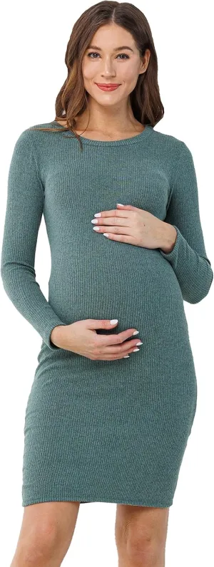 HELLO MIZ Women's Knit Ribbed Maternity Dress with Long Sleeve