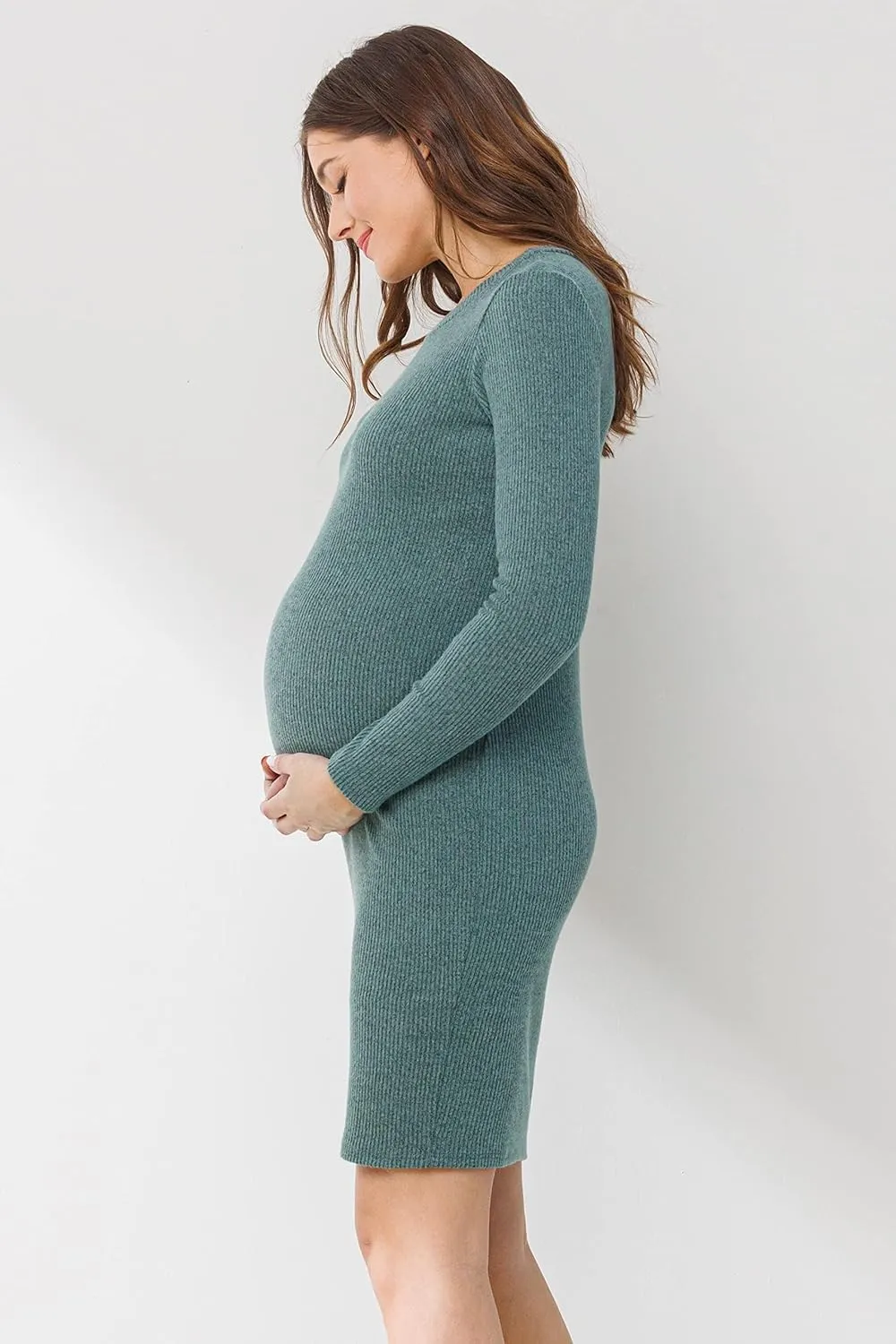 HELLO MIZ Women's Knit Ribbed Maternity Dress with Long Sleeve