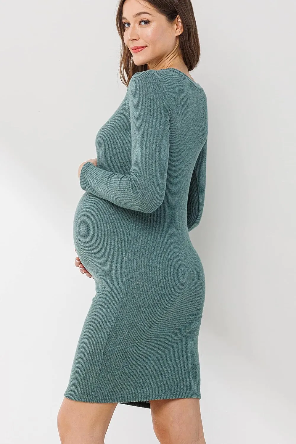 HELLO MIZ Women's Knit Ribbed Maternity Dress with Long Sleeve