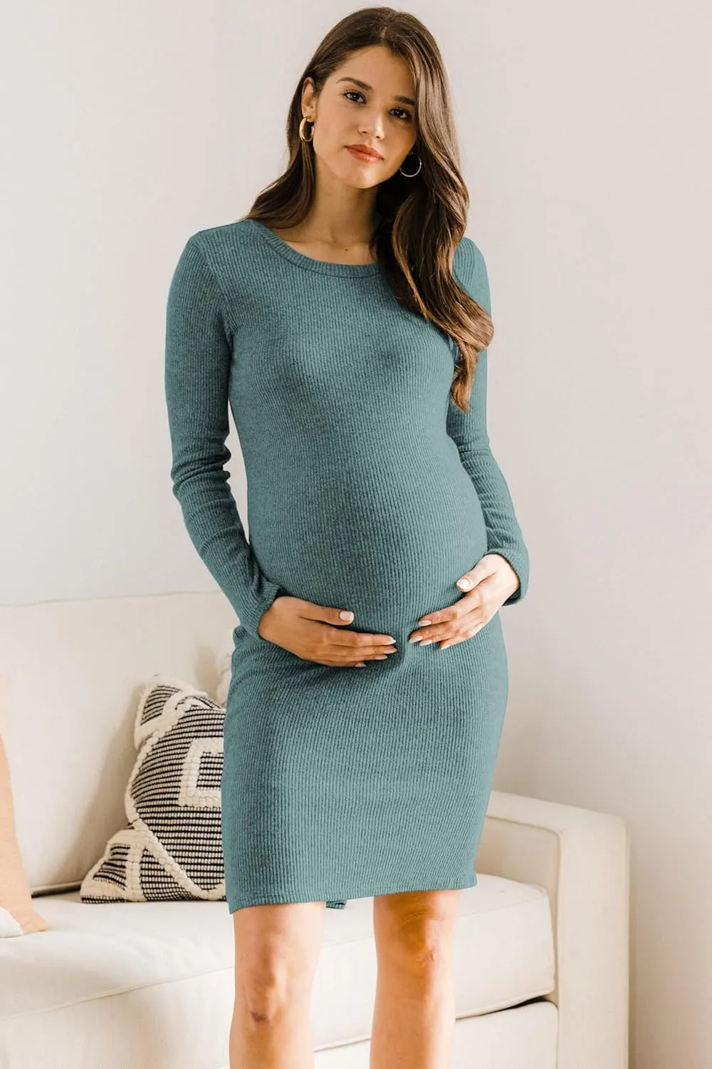 HELLO MIZ Women's Knit Ribbed Maternity Dress with Long Sleeve