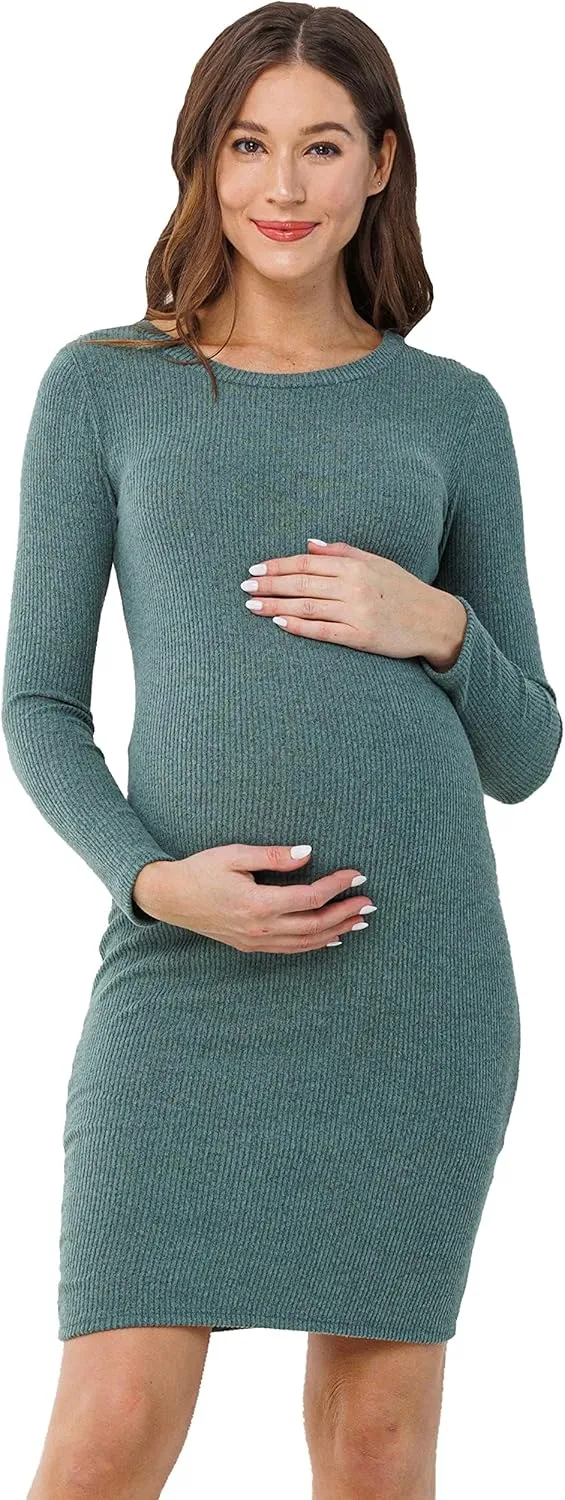 HELLO MIZ Women's Knit Ribbed Maternity Dress with Long Sleeve