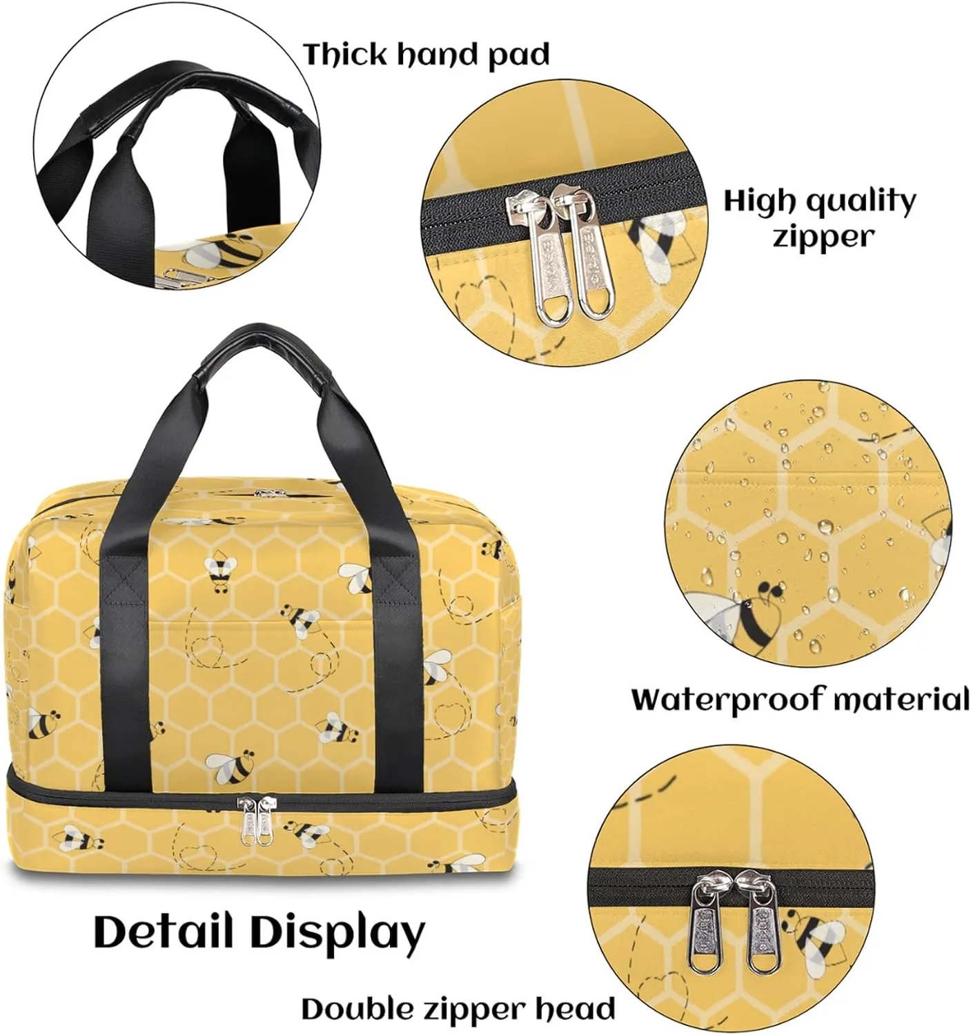 Honeycomb Bee Sports Gym Bag with Shoes Compartment,Honeybee Animal Travel Duffel Bag for Men Women Boys Girls Teens Overnight Weekend Yoga Workout Bag Training Handbag