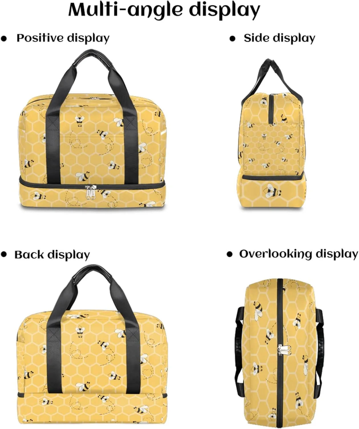 Honeycomb Bee Sports Gym Bag with Shoes Compartment,Honeybee Animal Travel Duffel Bag for Men Women Boys Girls Teens Overnight Weekend Yoga Workout Bag Training Handbag
