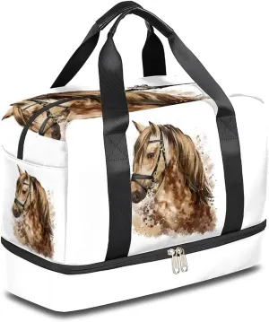 Horse Sports Gym Bag with Shoes Compartment,Watercolor Animal Painting Travel Duffel Bag for Men Women Boys Girls Teens Overnight Weekend Yoga Workout Bag Training Handbag
