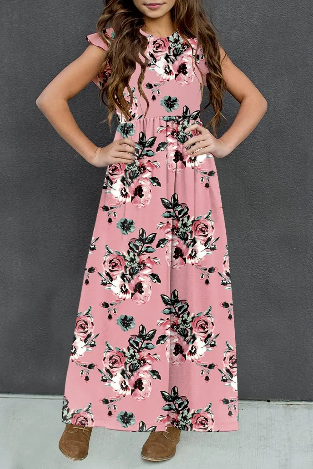 HOSIKA Girls Floral Maxi Dress Boho Ruffle Sleeve Pleated Casual A-line Swing Dresses with Pockets 6-12 Years